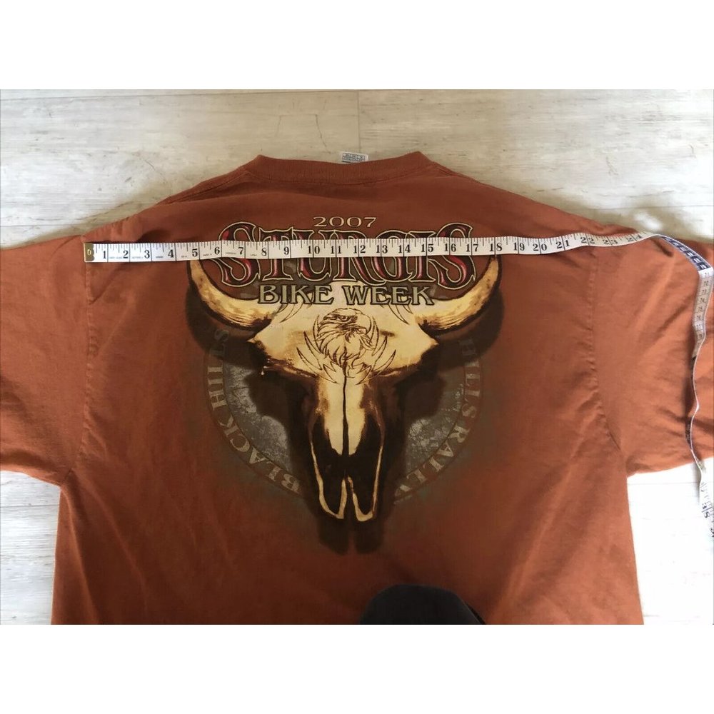 T Shirt Men XL Sturgis Black Hills Biker Rally 2007 Orange Cattle Skull & Eagle - Picture 9 of 12